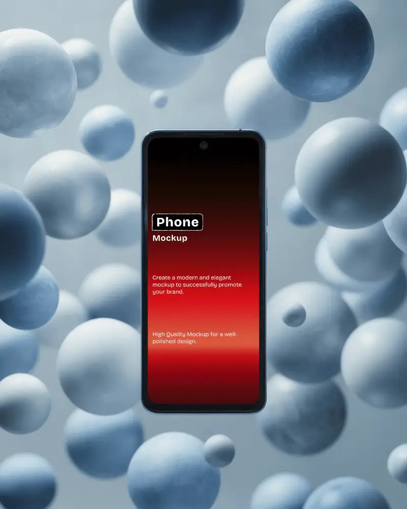 Android Phone Mockup Floating Among Matte Blue Spheres With Red Gradient Screen Display On Light Background