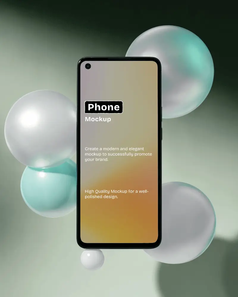 Floating Android Phone Mockup Surrounded By Glossy Translucent Spheres On Soft Gradient Background Modern And Elegant Visual Style