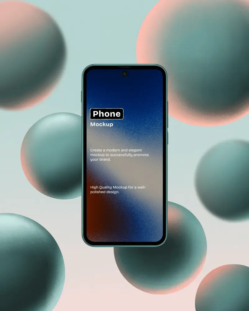 Android Phone Mockup Floating Amid Soft Gradient Spheres With Vibrant Dual Tone Lighting Futuristic And Creative Display