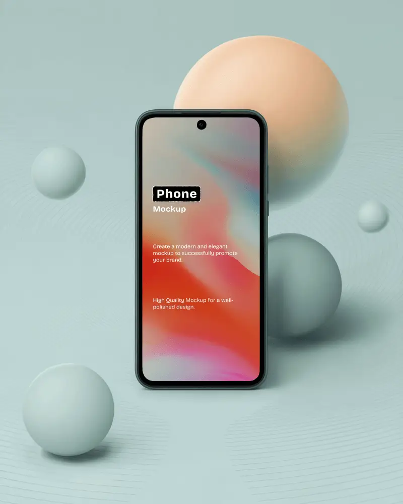 Android Phone Mockup Standing On Soft Textured Surface With Muted Pastel Spheres
