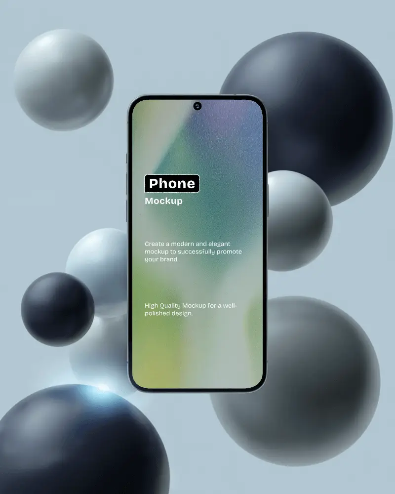 Mobile Phone Mockup Floating With Gradient Screen Amid Muted Spherical Objects