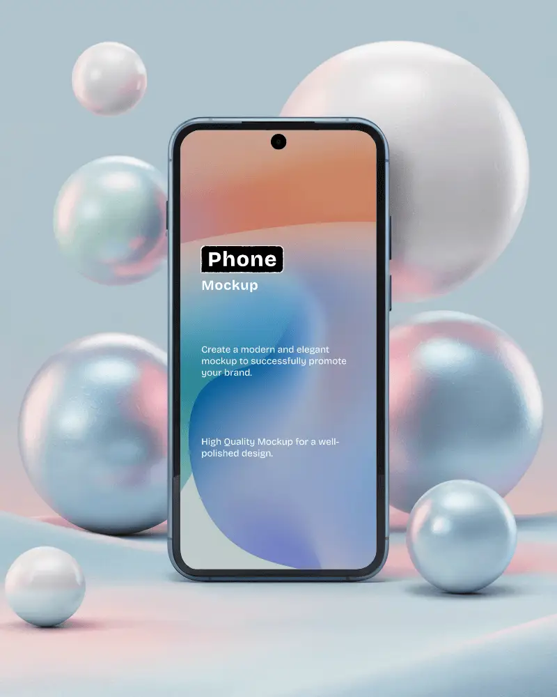 Mobile Phone Mockup Centered On Soft Pastel Surface Surrounded By Iridescent Spheres Stylized And Dreamy Product Showcase
