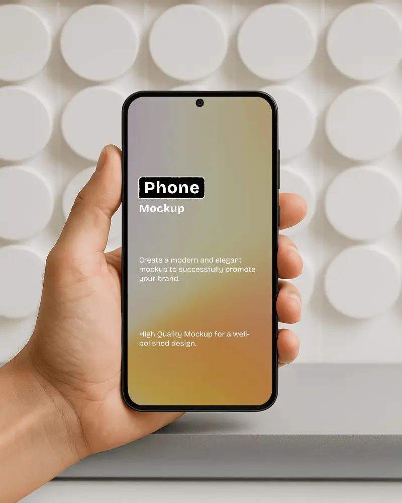 Hand Holding Android Phone Mockup Minimal Modern Backdrop Stylish Promotional Display Clean Brand Presentation