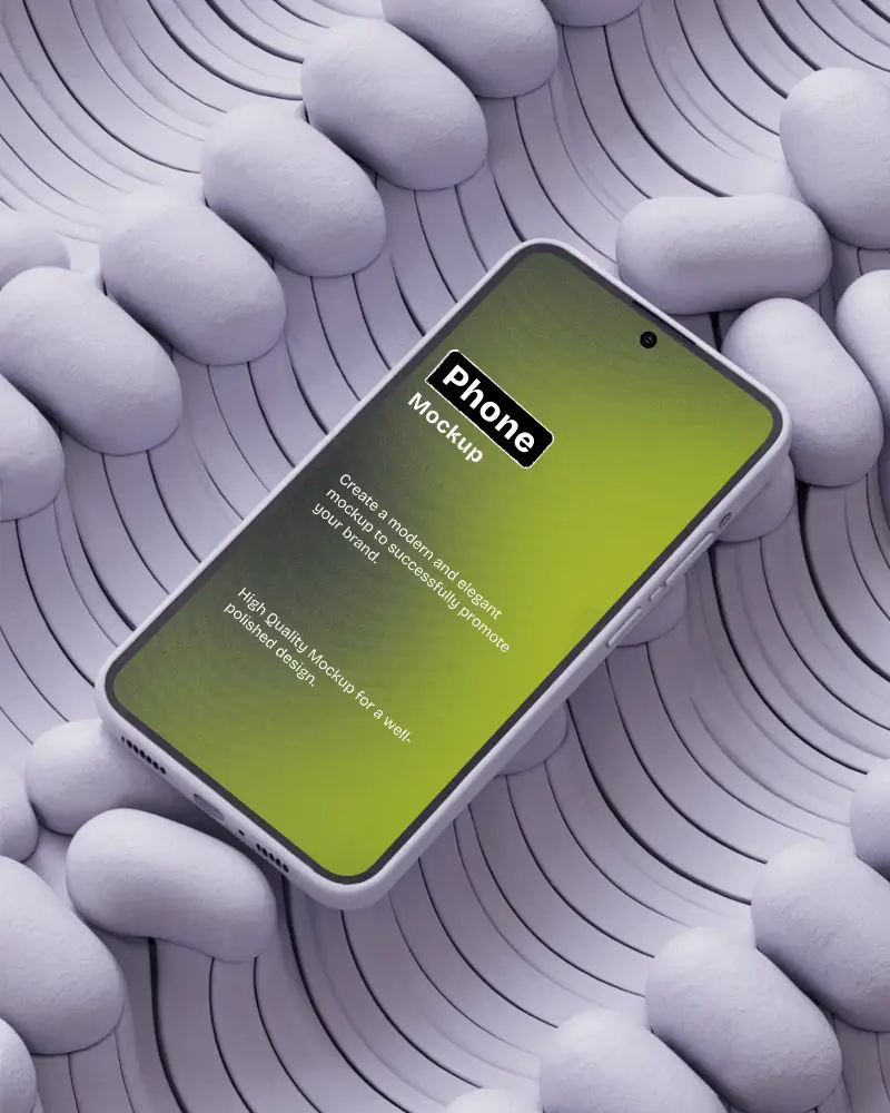 Angled Android Phone Mockup Placed On Textured Surface With Soft Pebble Like Forms For Organic Ui Showcase