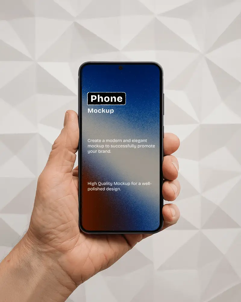 Mobile Phone Mockup Handheld Front View Geometric Wall Backdrop Perfect For Vibrant Design Showcases
