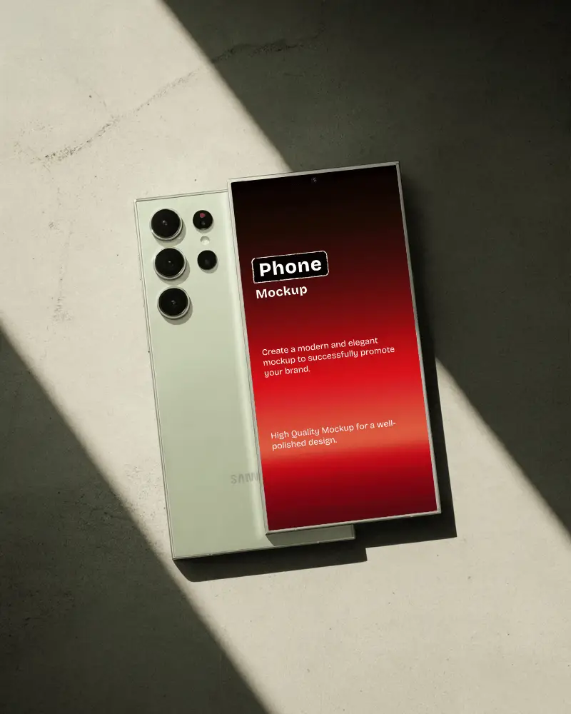 Samsung Galaxy S23 Ultra Phone Mockup Top View On Concrete Surface With Dramatic Lighting Modern Showcase Template