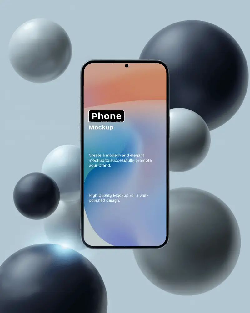 Floating Android Phone Mockup With 3d Spheres Modern Minimal Soft Blue Background For Digital Presentation