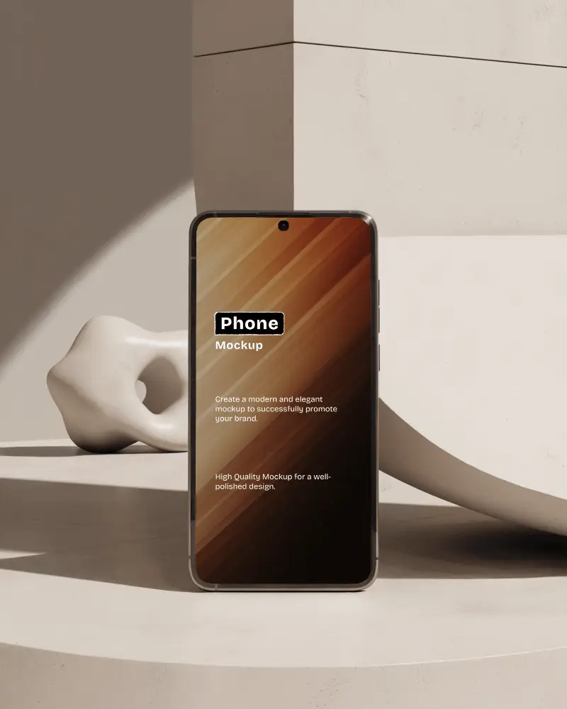 Modern Sculptural Mobile Phone Mockup On Minimal Podium In Earthy Sunlit Setting For Elegant Brand Display