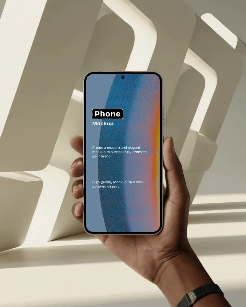 Hand Holding Android Phone Mockup In Modern Architectural Light Setup For Stylish Tech Brand Showcase