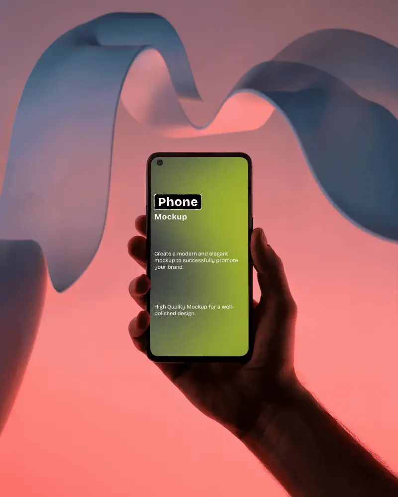 Hand Holding Android Phone Mockup With Colorful Gradient Backdrop And Floating Fabric Elements For Creative Ui Presentation