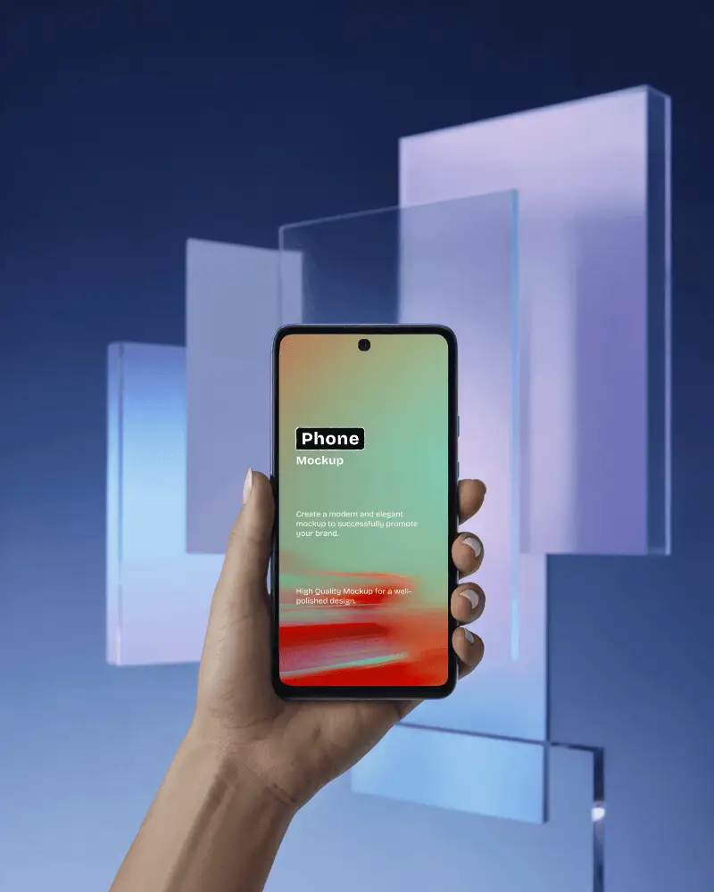 Hand Holding Android Phone Mockup In Front Of Layered Glass Panels On Gradient Background For Modern Ui Showcase
