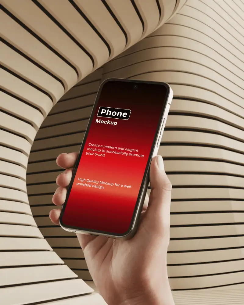 Hand Holding Android Phone Mockup With Tilted Angle In Front Of Modern Striped Architectural Backdrop For Urban Design Showcase