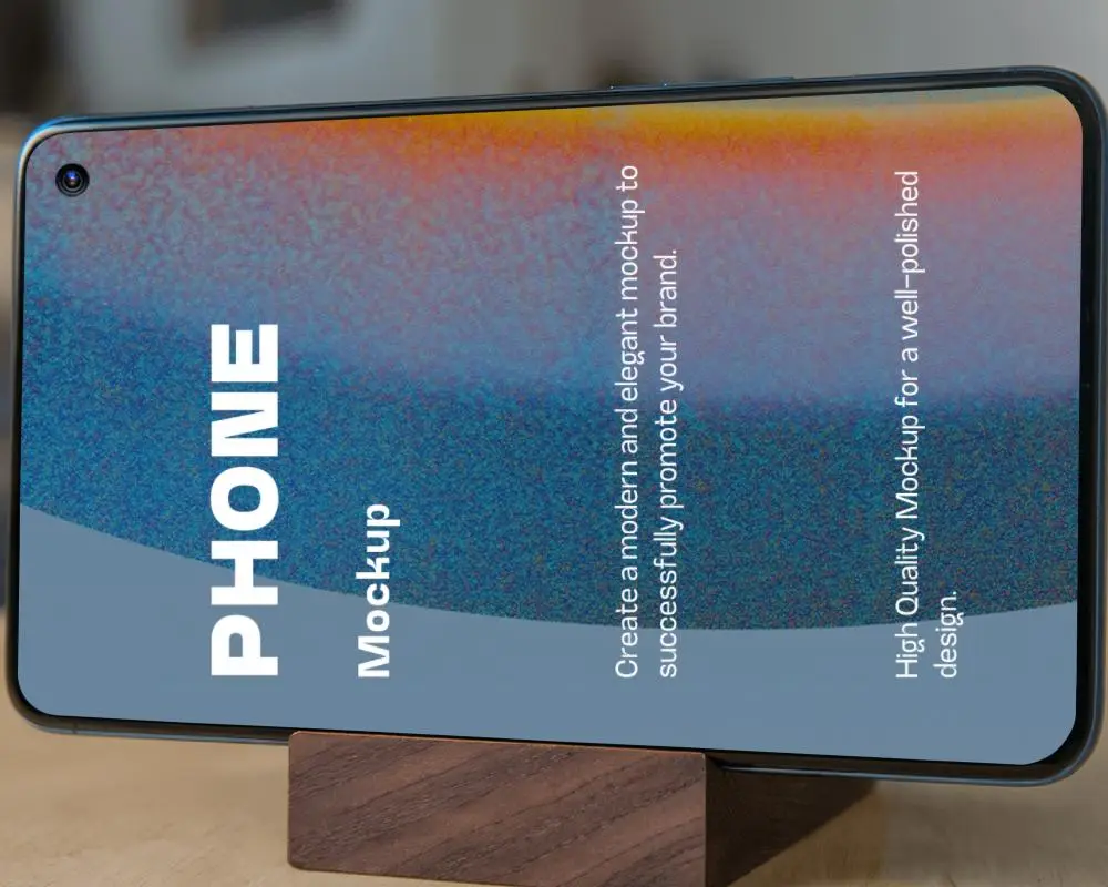 Wooden Stand Smartphone Mockup Horizontal Position With Clear Desk Background