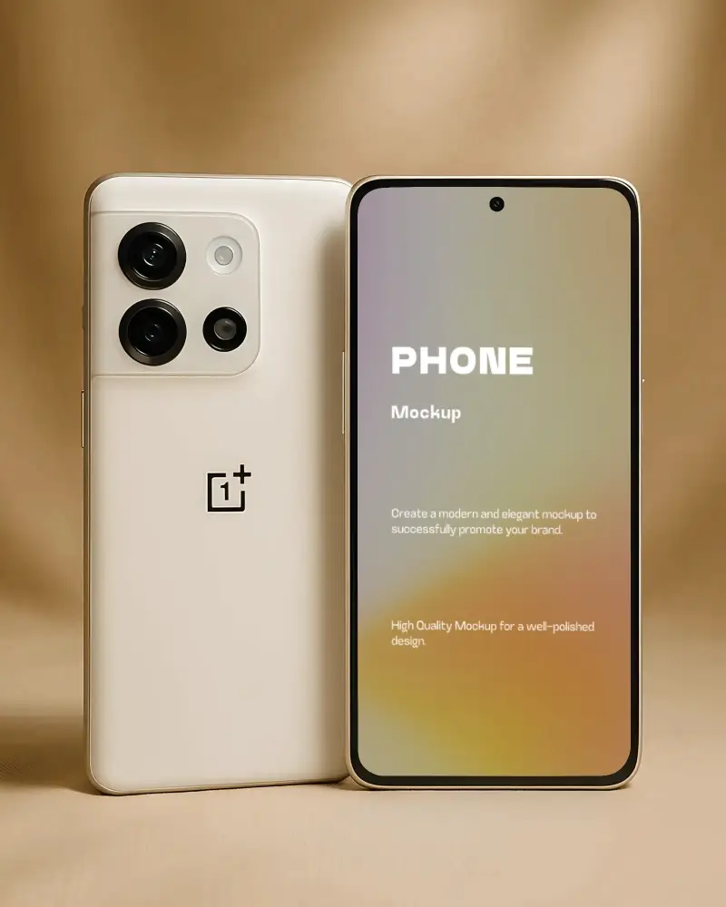 Elegant Smartphone Mockup Oneplus Device In Vertical Front And Back Display On Beige Studio Background