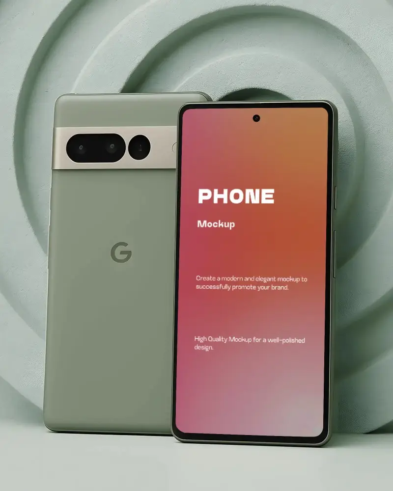Mint Green Pixel Phone Mockup Google Smartphone Front And Back Against Spiral Textured Background