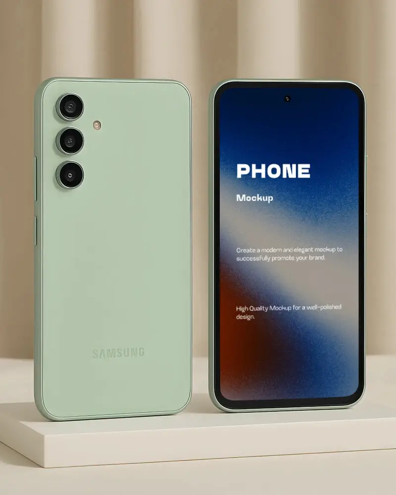 Modern Samsung Smartphone Mockup Front And Back View In Beige Finish On Studio Pedestal Backdrop
