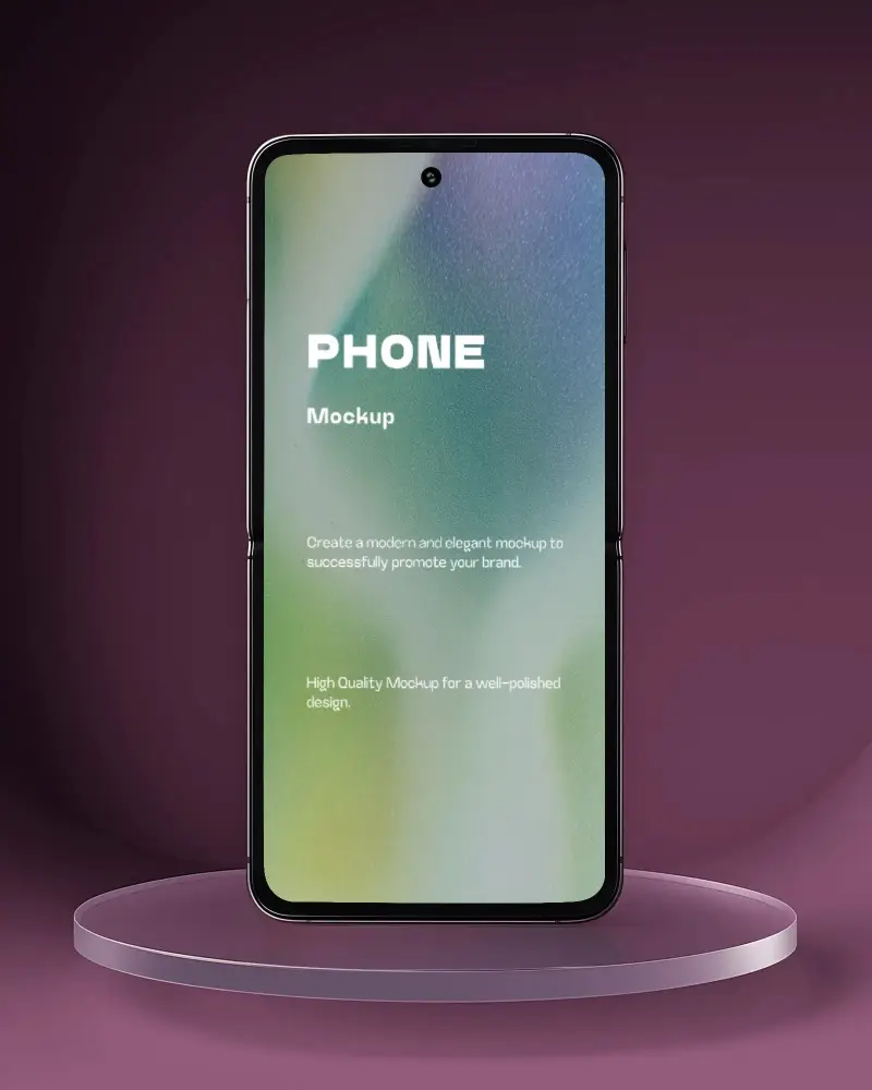 Premium Foldable Phone Mockup Samsung Z Flip 6 Front View On Transparent Platform In Dark Purple Scene