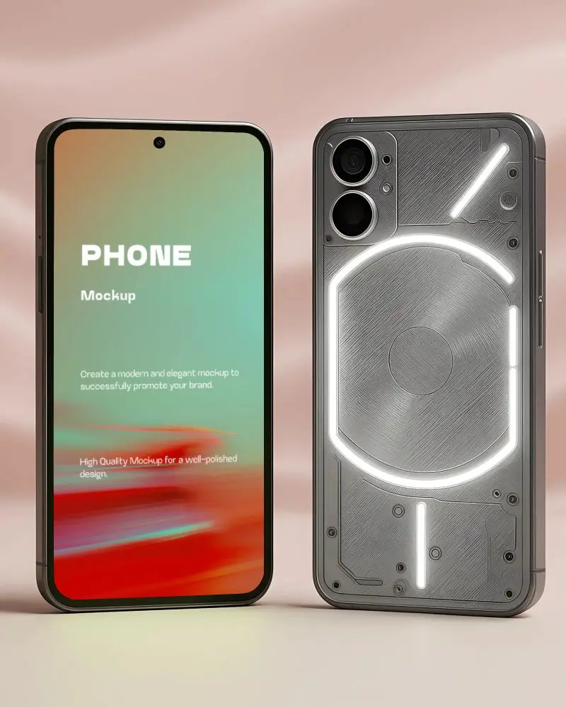Nothing Phone Mockup Front And Back Display With Illuminated Glyph Interface Against Soft Pink Backdrop