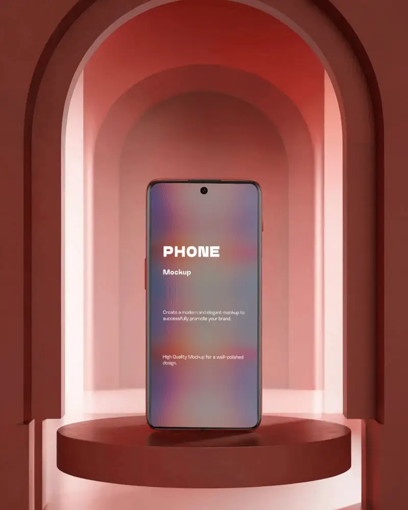 Luxury Arched Smartphone Mockup Front Facing Phone On Round Platform In Bold Red Studio Setup