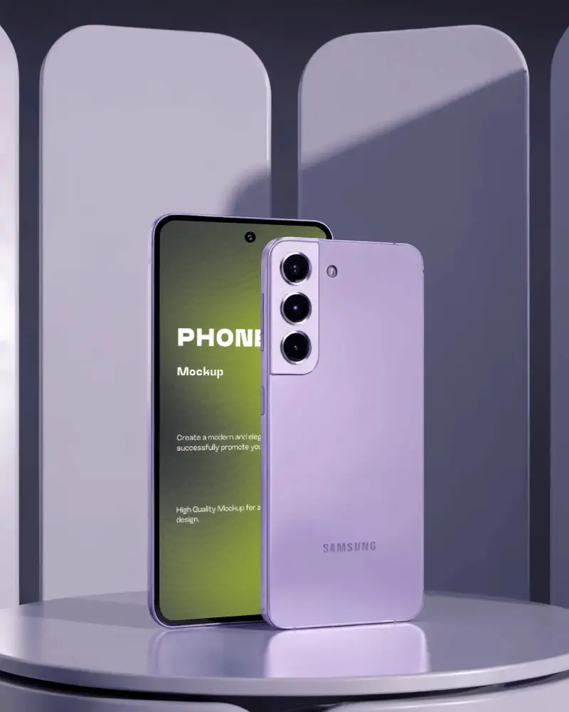 Dual View Samsung Phone Mockup Lavender Device On Round Platform With Arched Panel Background