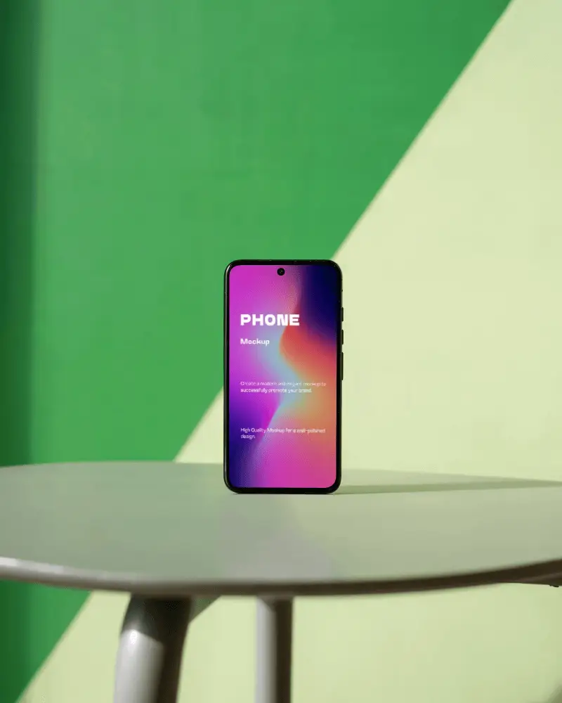 Modern Smartphone Mockup On Minimalist Table With Abstract Background For Ui Design