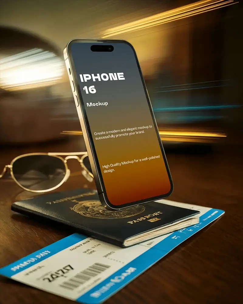 Iphone 16 Mockup Hovering Above Passport And Boarding Pass