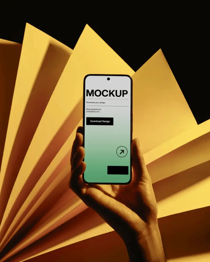 Realistic Samsung Android Phone Mockup Handheld Device Against Yellow Paper Fold Background