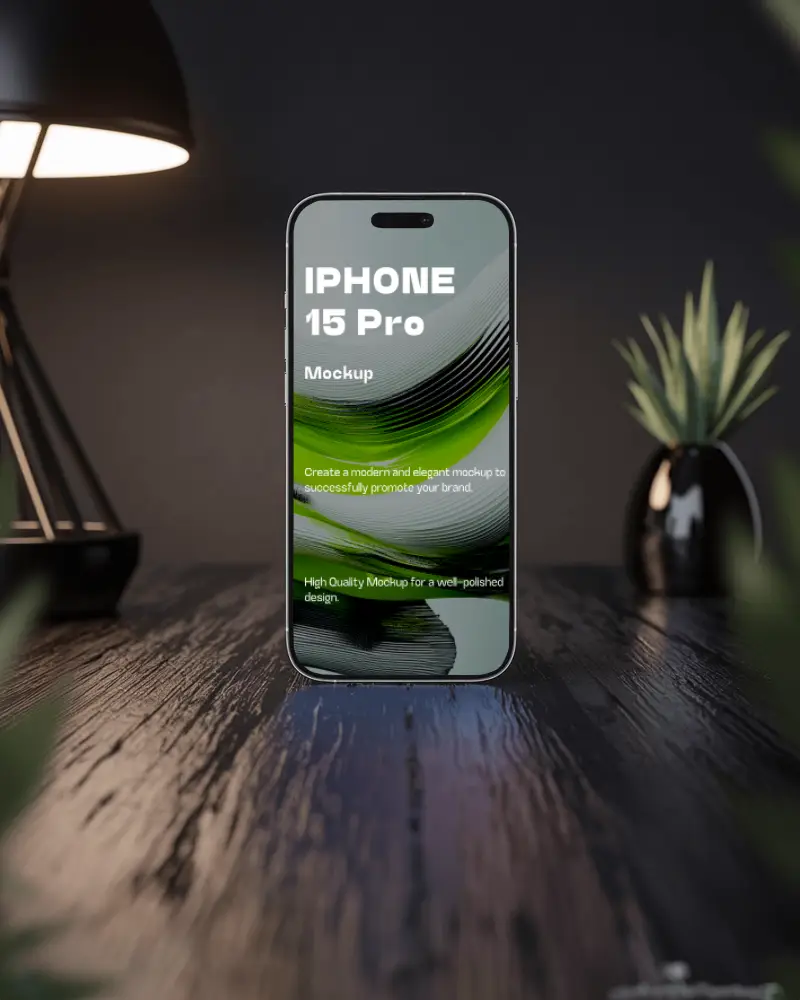 Vertical Iphone 15 Mockup On Wooden Desk With Lamp