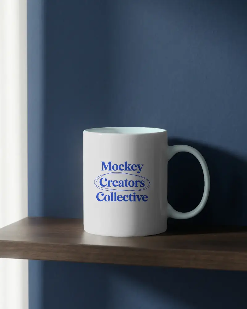 Ceramic Coffee Mug Mockup Simple Minimalist Wood Shelf Against Modern Solid Wall Background