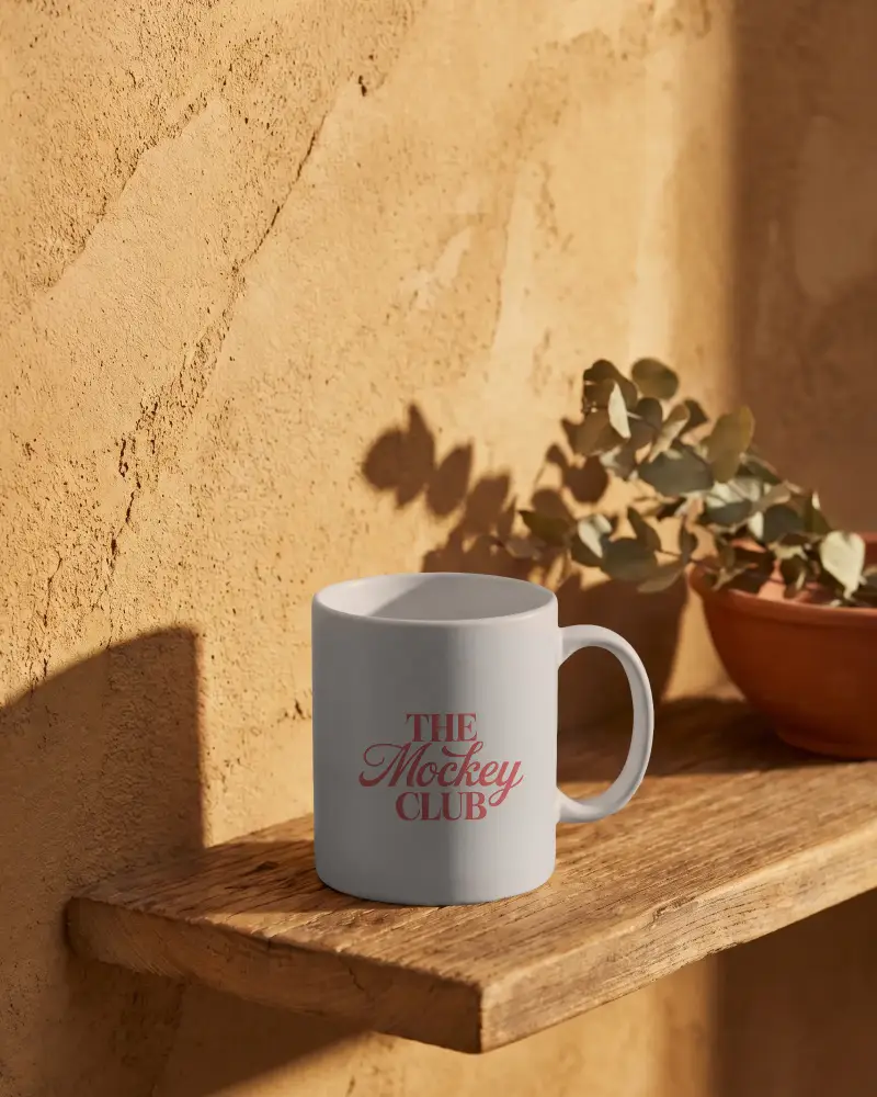 Sleek Minimalist Ceramic Mug Mockup Rustic Wooden Shelf With Natural Light Shadow Play