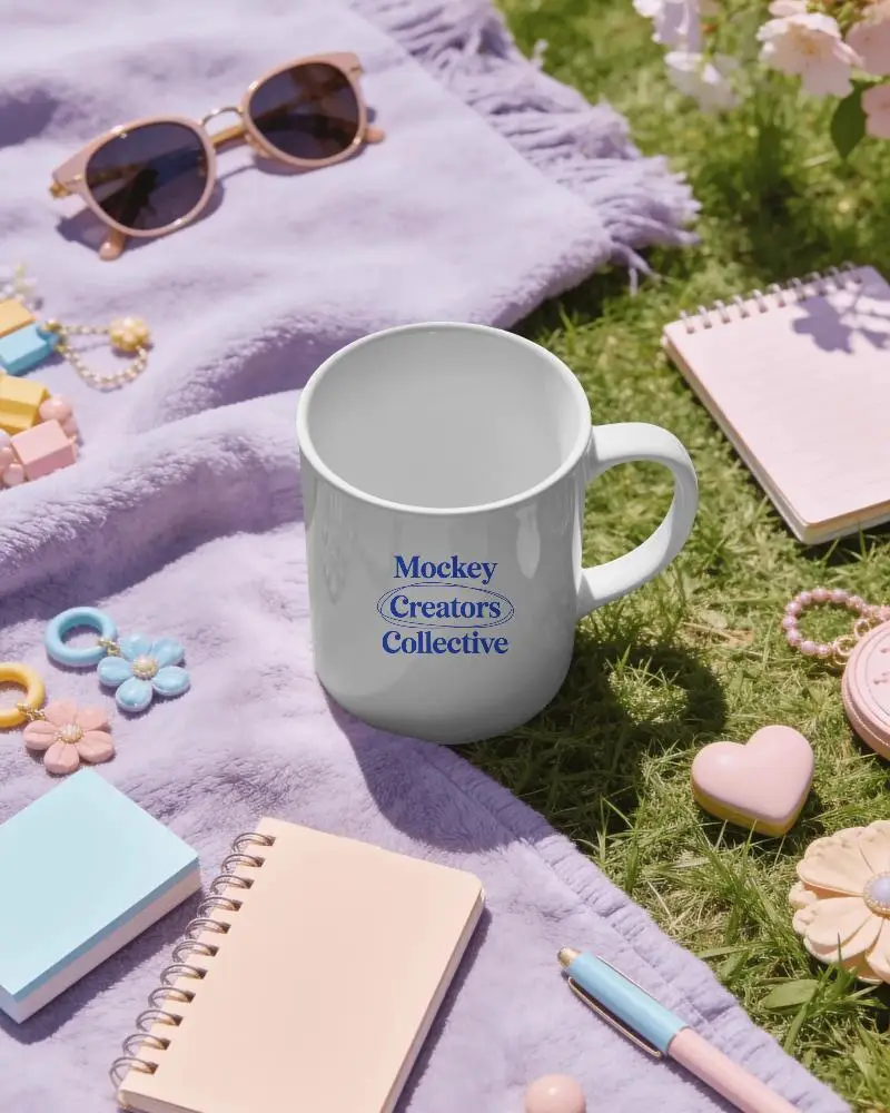 Ceramic Coffee Mug Mockup On Picnic Blank Surface For Custom Design Ideas
