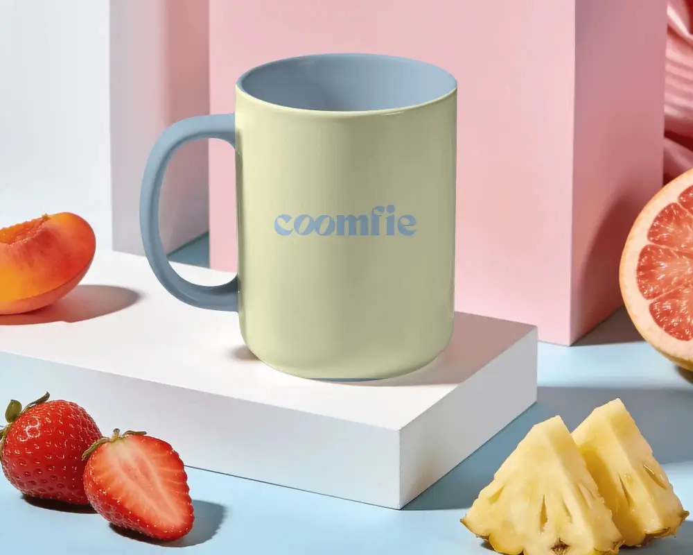 Ceramic Mug Mockup On Modern Geometric Stand With Fruits For Branding Designs