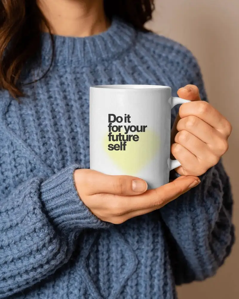 Cozy Woman Holding Ceramic Mug In Hands Warm Knit Sweater Lifestyle Mockup
