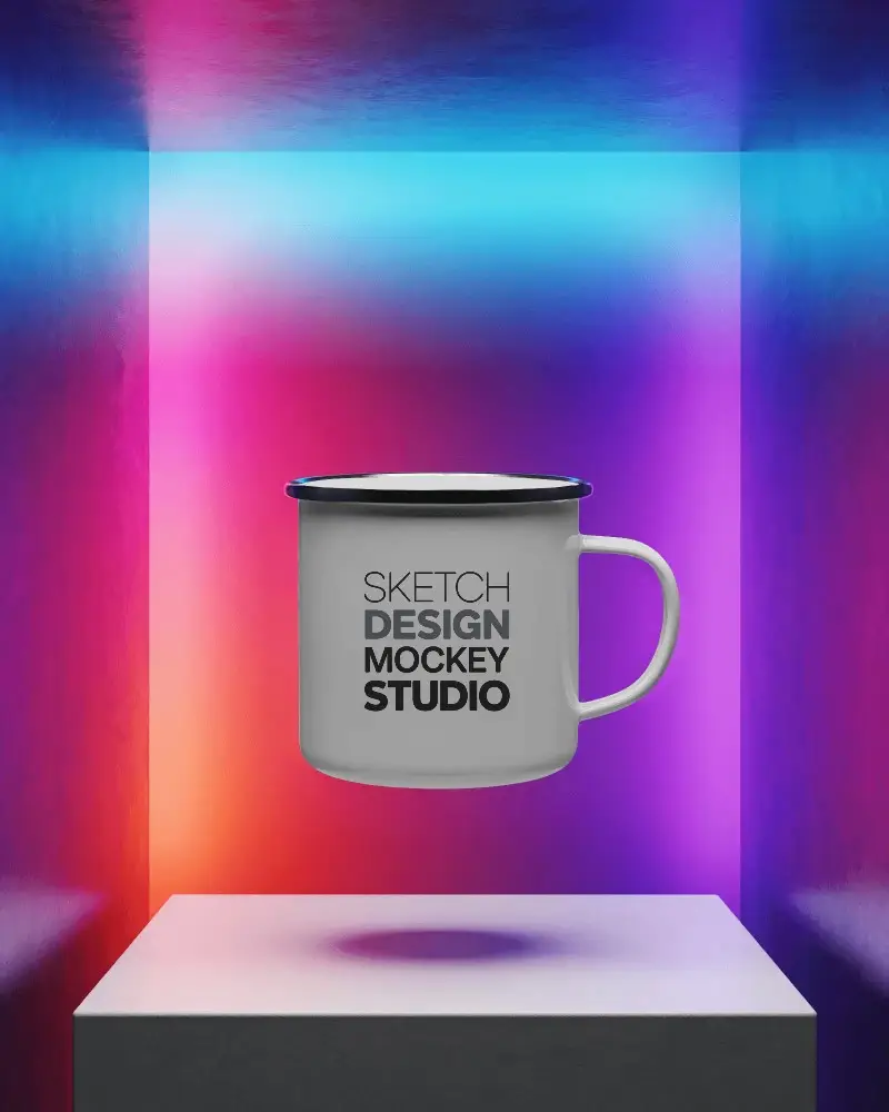 Premium Enamel Coffee Mug Floating In Vibrant Gradient Background For Modern Display