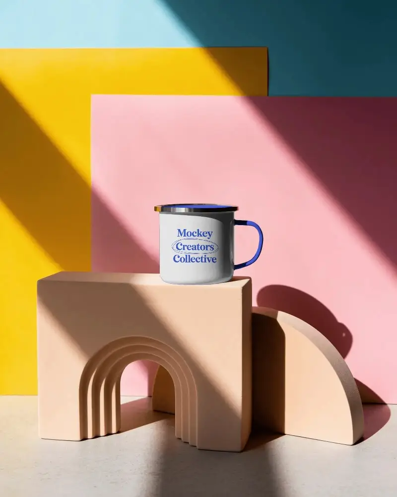 Modern Minimalist Mug Mockup With Abstract Architectural Shapes And Contrasting Background Light