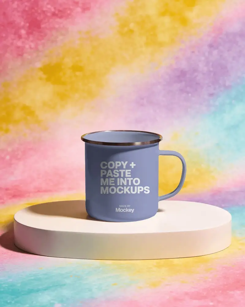 Sleek Enamel Coffee Mug On Round Pedestal With Vibrant Colorful Background Setup