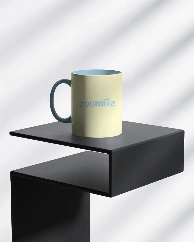 Sleek Minimalist Ceramic Coffee Mug Mockup On Modern Floating Shelf Perfect For Home Or Office