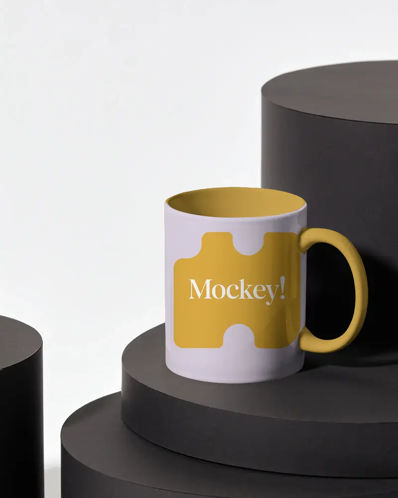 Minimalist Ceramic Coffee Mug Mockup On Round Pedestal Blank Design For Custom Printing