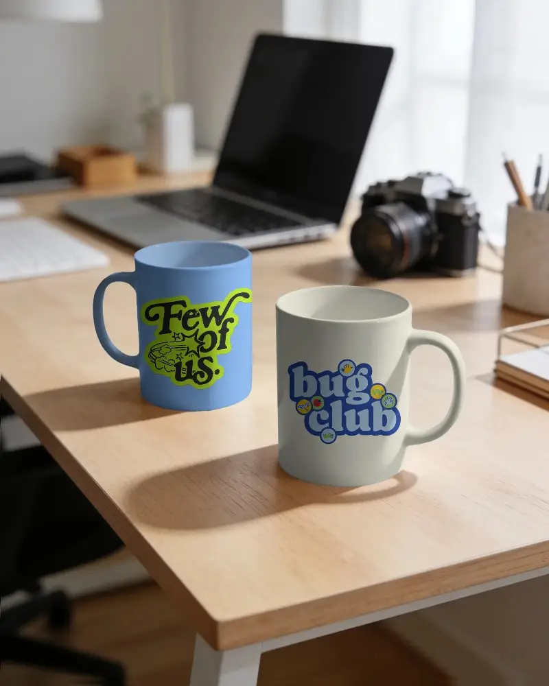Modern Office Desk Setup With Two Plain Stylish Mugs Mockup For Coffee Or Tea Drinkers