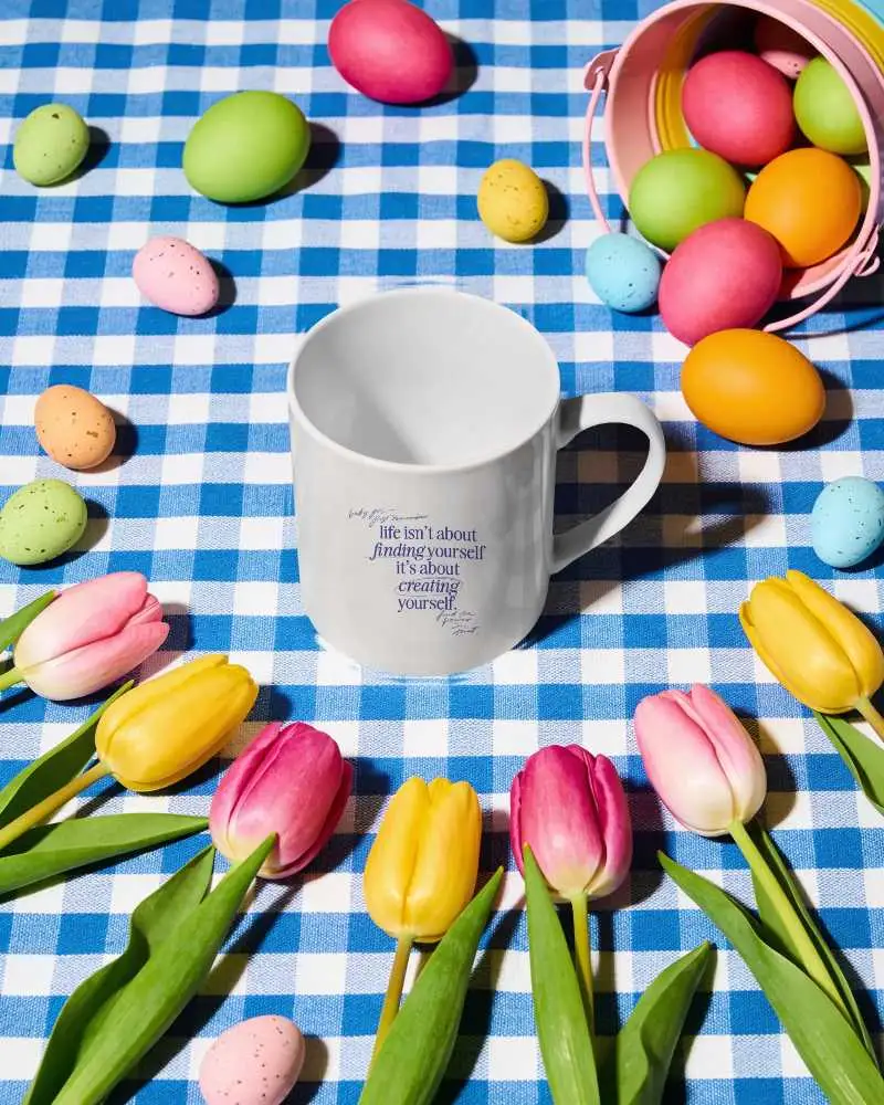 Empty Mug Mockup With Floral And Easter Egg Decoration On Gingham Background