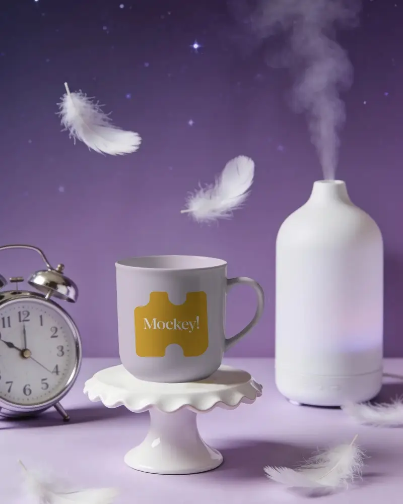 Stylish Mug Mockup With Ambient Humidifier Quiet Alarm Clock And Floating Feathers
