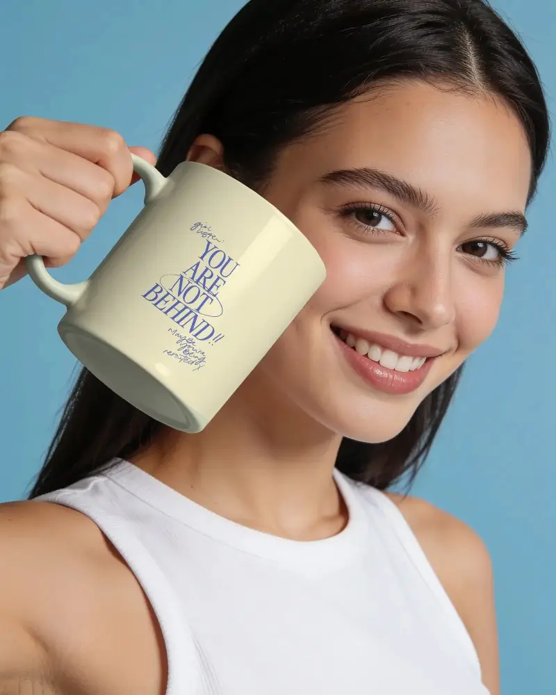 Ceramic Coffee Mug Mockup With Smiling Woman Showcasing Large Handle Design Perfect For Gifting
