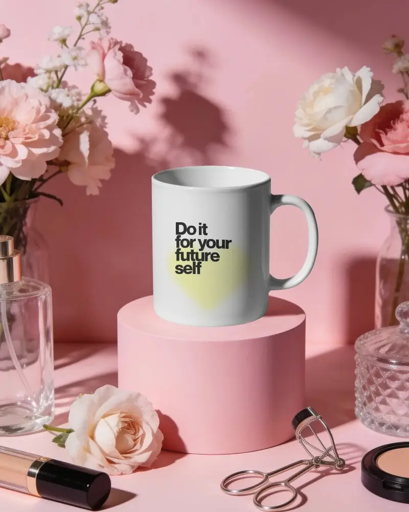 Ceramic Mug Mockup On Round Pedestal With Floral And Beauty Accessories Minimalist