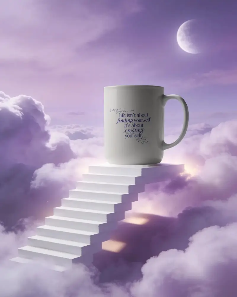 Elegant Modern Mug Mockup On Floating Steps With Moonlit Cloudy Sky For Brand Presentation
