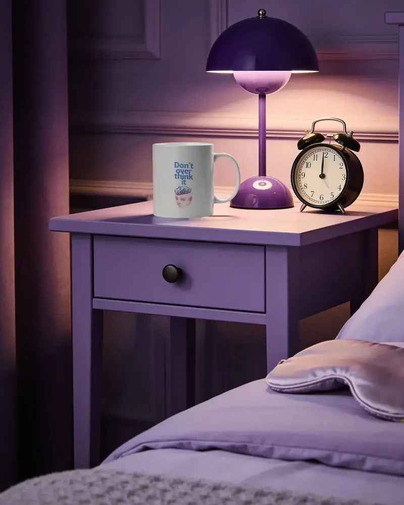 Empty Coffee Mug Mockup On Nightstand Next To Lamp And Alarm Clock Bedroom Scene