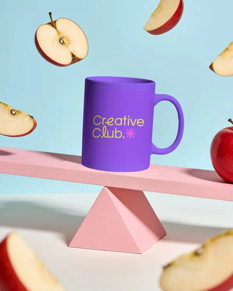 Modern Mug Mockup With Handle On Pyramid Balance Geometric Style Apple Theme