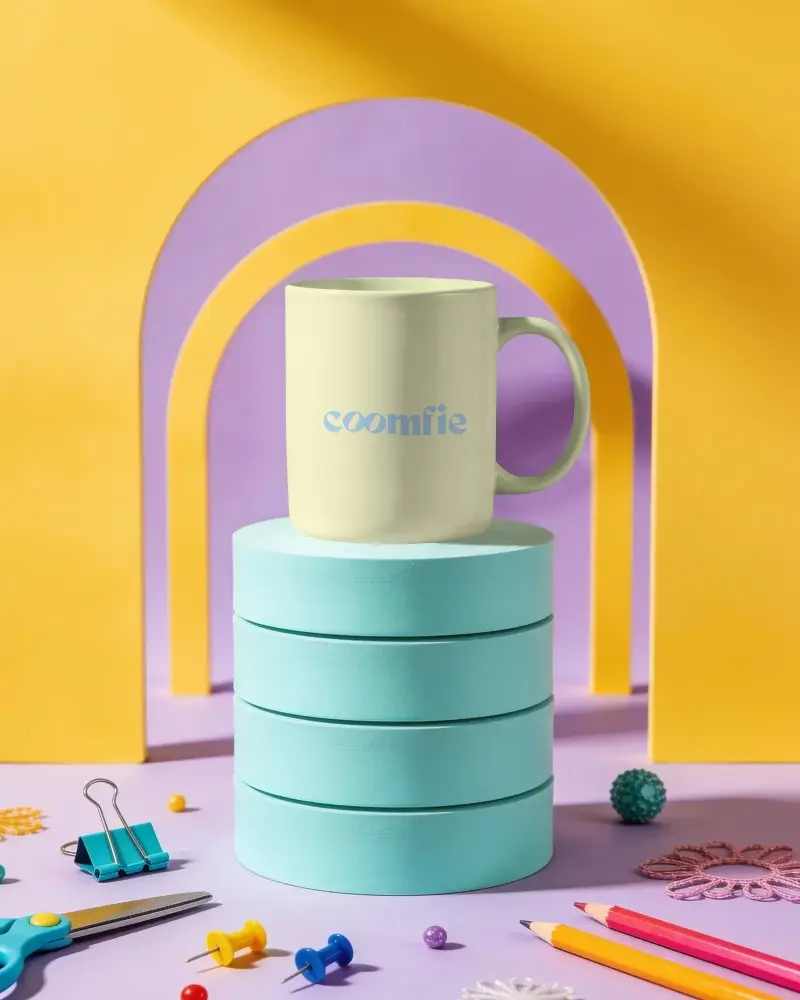 Stylish Mug Mockup For Custom Logo Design On Rounded Stand With Colorful Office Supplies