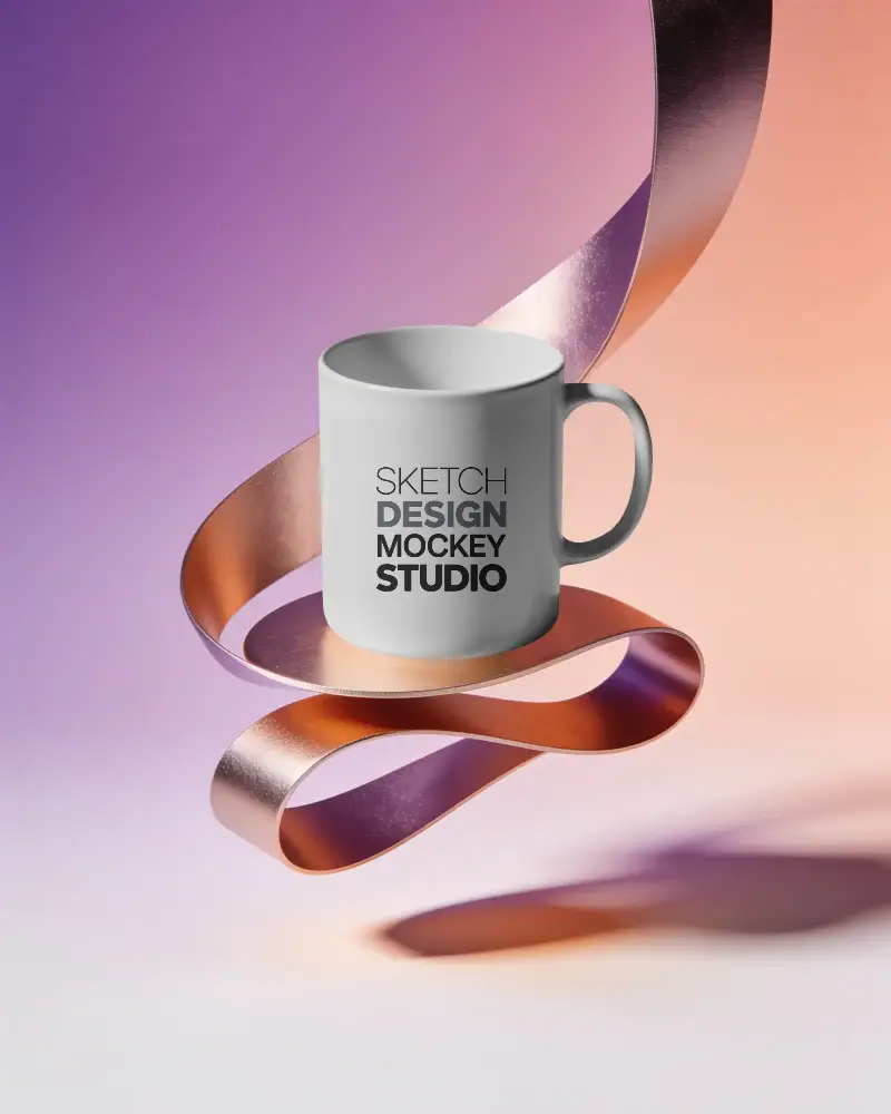 Sleek Mug Mockup With Floating Metal Ribbon Background For Custom Logo And Print Designs