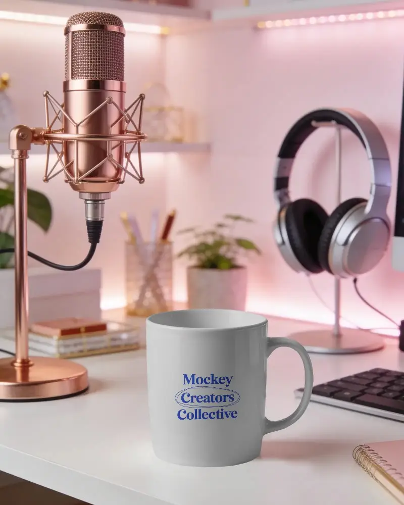 Sleek Minimalist Coffee Mug Mockup With Headphones And Microphone Background