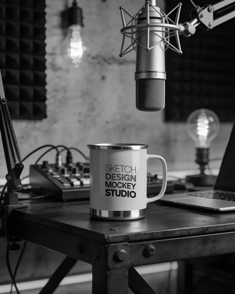 Studio Podcast Mug Mockup Metal Rim Durable Drinkware For Custom Logo Designs